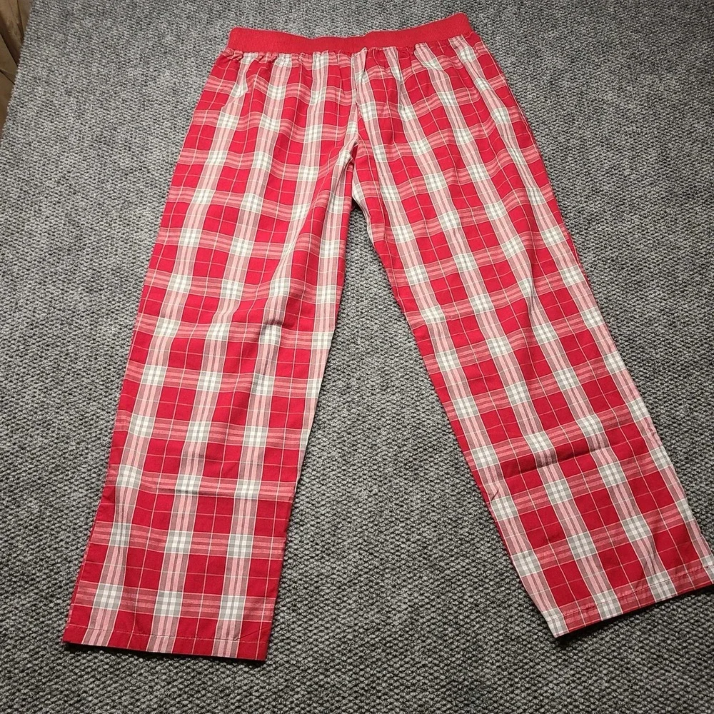 Oklahoma  Women's Pajama Pants Red Plaid Flannel Cotton Waist Size XL Rhinestone